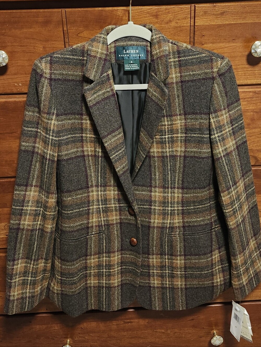 Lauren Ralph Lauren Brown Olive Plaid 100% Wool Blazer Vintage Size 4 NWT